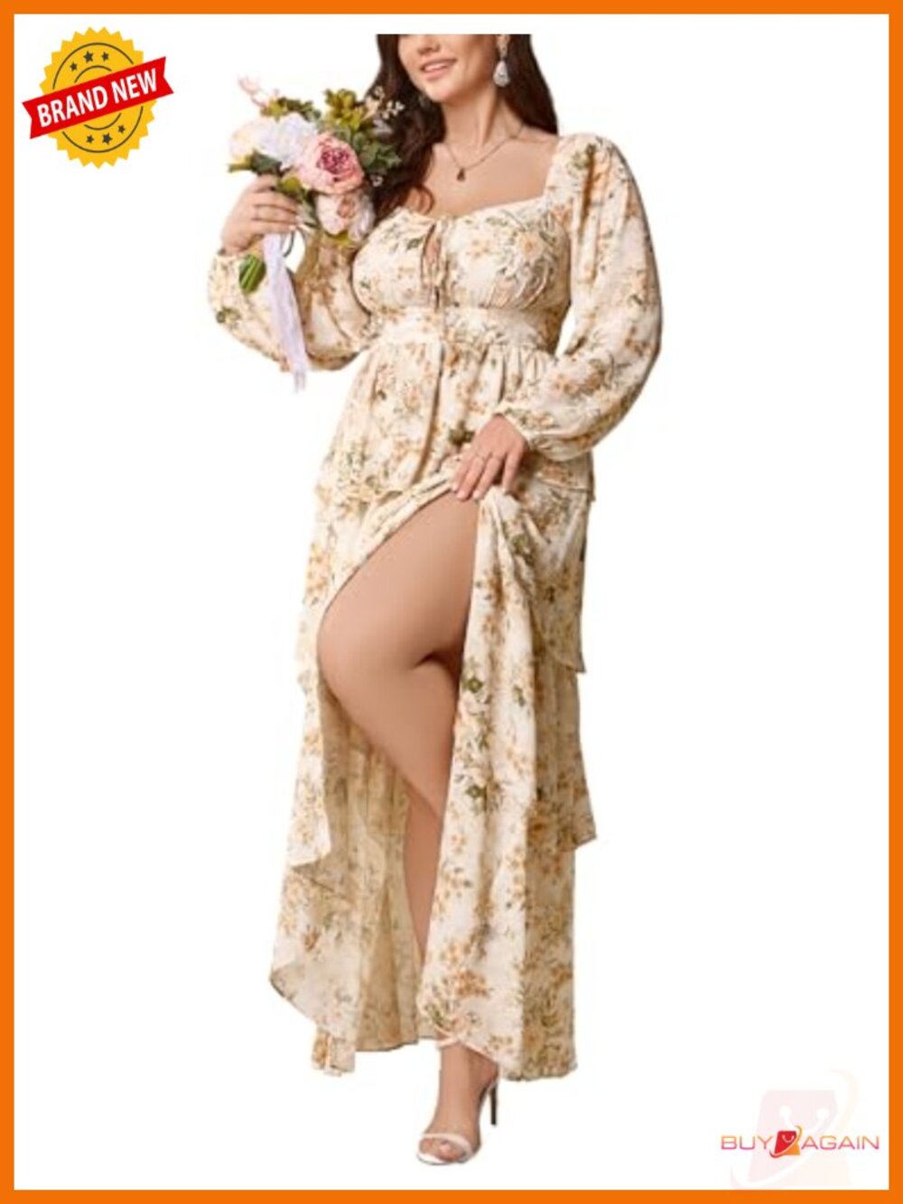 Plus Size Floral Long Sleeve Tiered Chiffon Maxi Dress Formal Wedding Guest